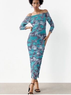 Zara Off Shoulder Ruched Tulle Bodycon Midi Dress XS NWT